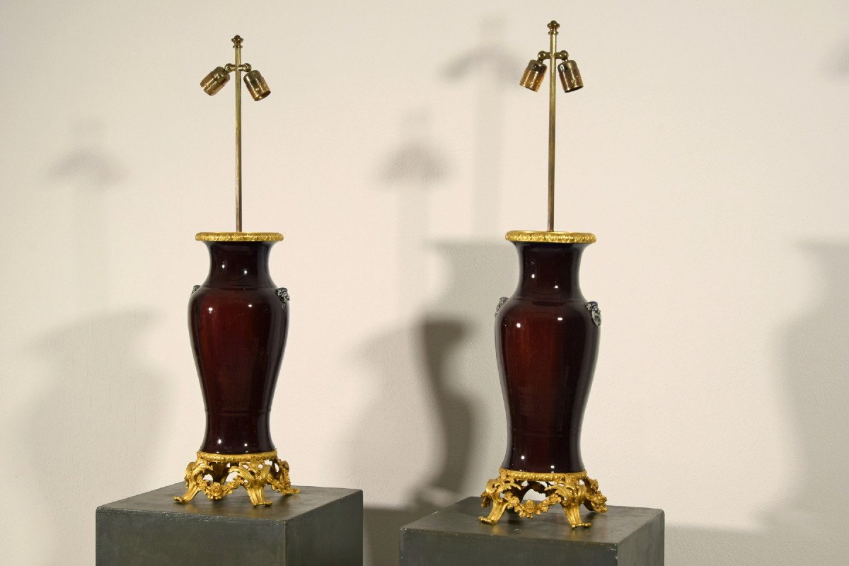 Paire De Lampes Composées De Vase Chinois En Céramique Et Monture En Bronze Doré, France XIXe -photo-2