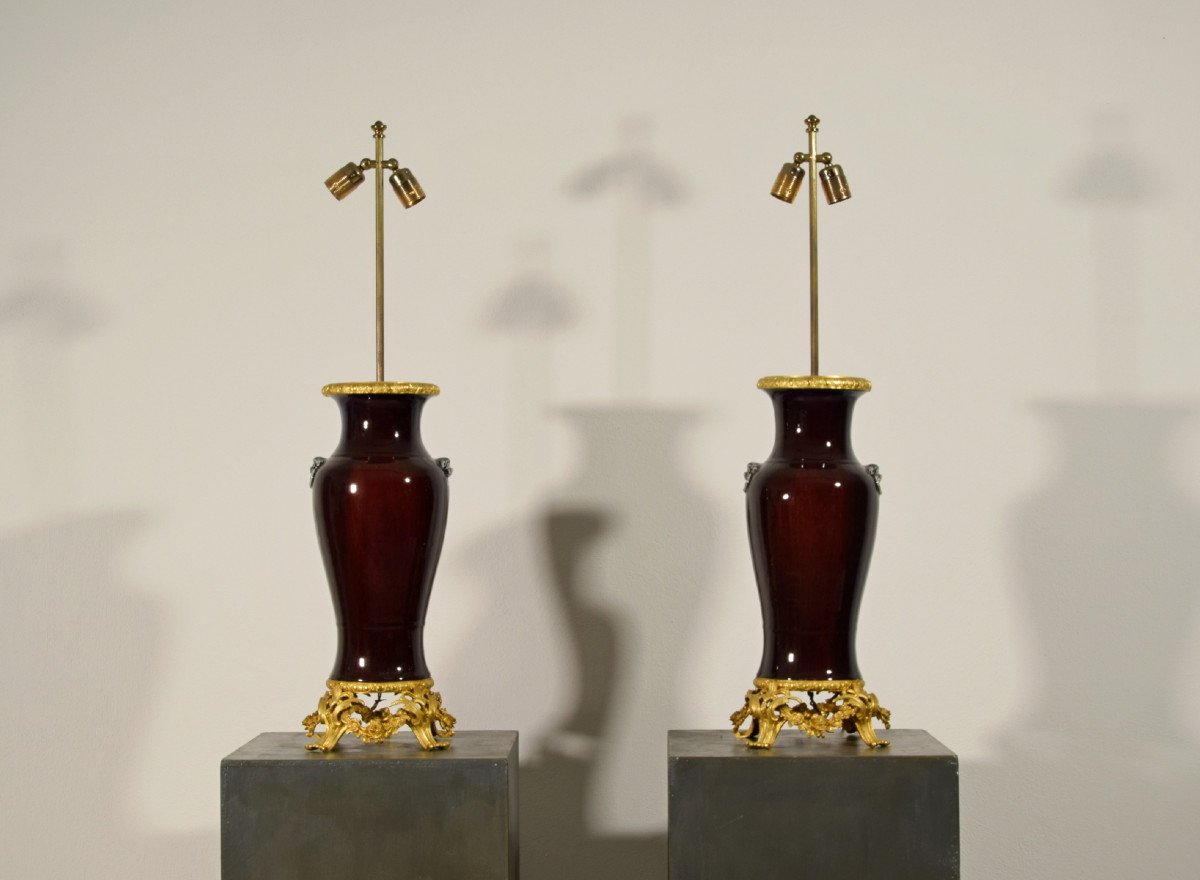  Paire De Lampes Composées De Vase Chinois En Céramique Et Monture En Bronze Doré, France XIXe -photo-3