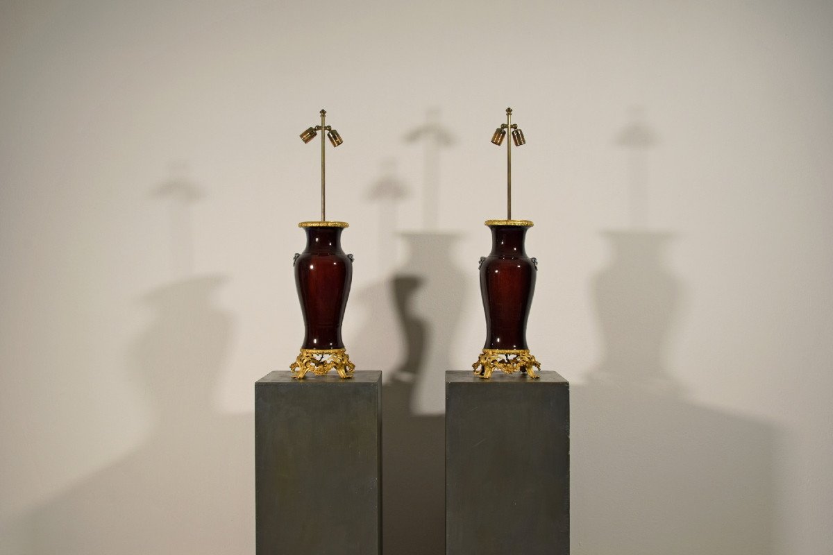  Paire De Lampes Composées De Vase Chinois En Céramique Et Monture En Bronze Doré, France XIXe -photo-2