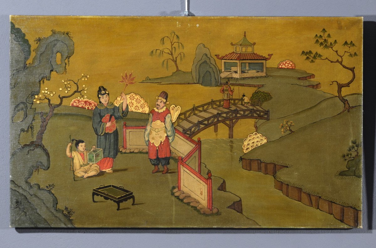 Couple De Peintures Représentant Des Paysages à Chinoiserie, Italie, Début du XXe siècle-photo-2