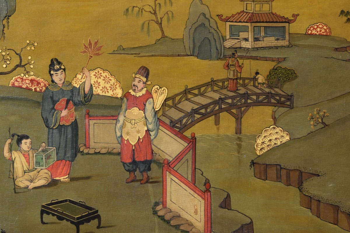 Couple De Peintures Représentant Des Paysages à Chinoiserie, Italie, Début du XXe siècle-photo-4