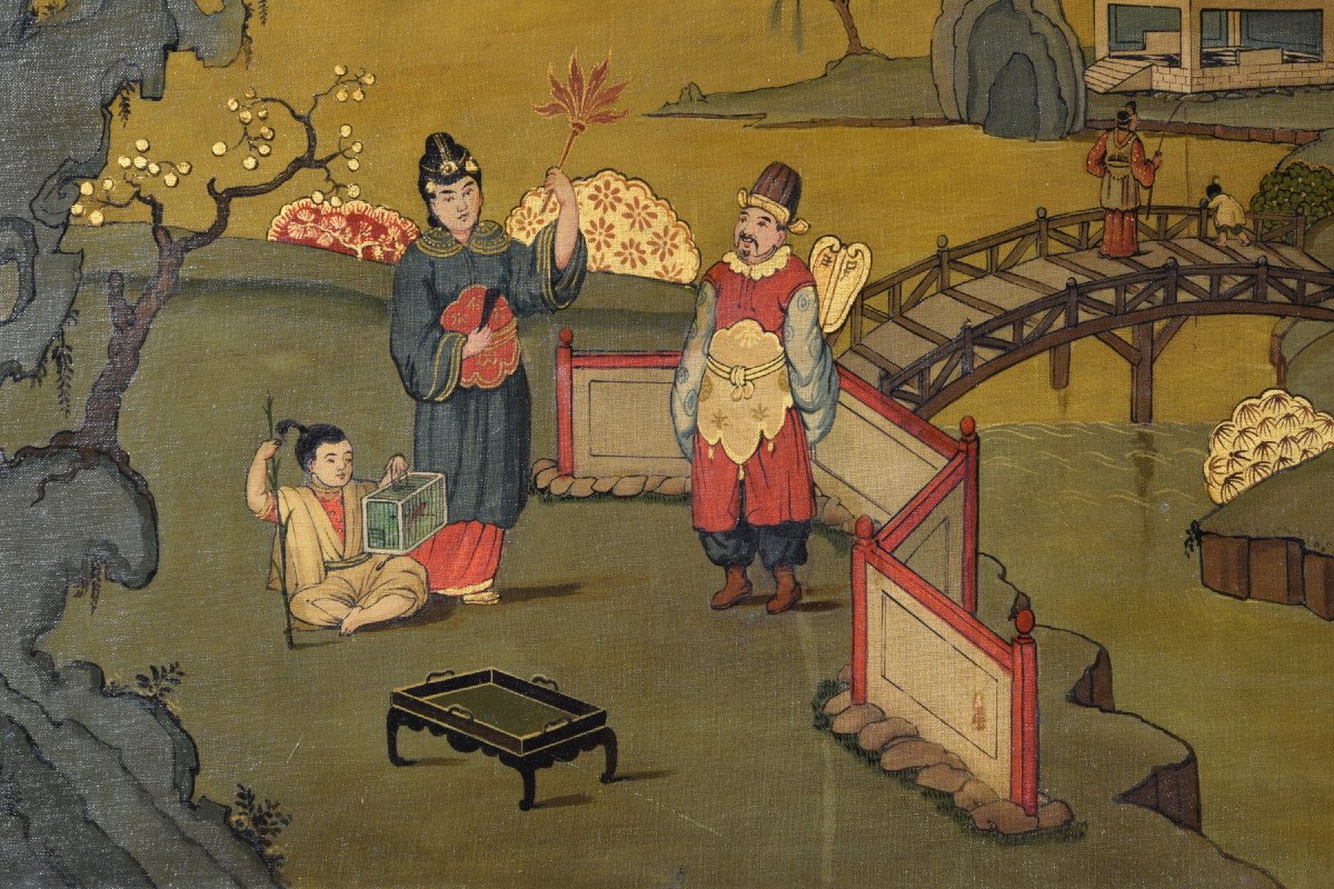 Couple De Peintures Représentant Des Paysages à Chinoiserie, Italie, Début du XXe siècle-photo-1