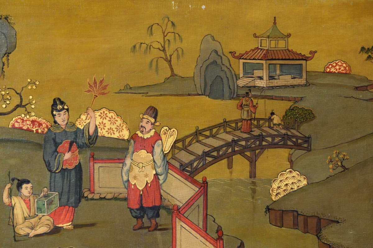 Couple De Peintures Représentant Des Paysages à Chinoiserie, Italie, Début du XXe siècle-photo-8