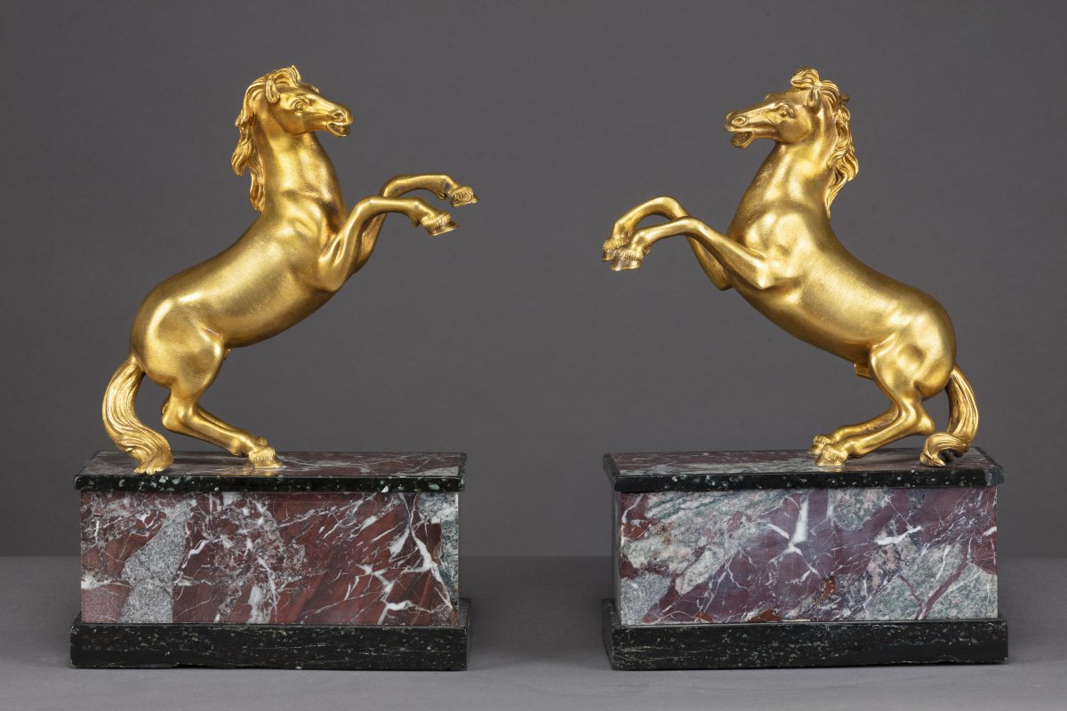 Paire De Chevaux En Bronze Doré, 19ème siècle-photo-2