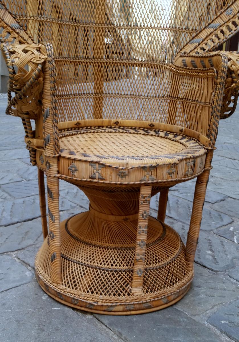 Belle Fauteuil 'Paon' En Canne Et  Osier XX° Siecle -photo-3