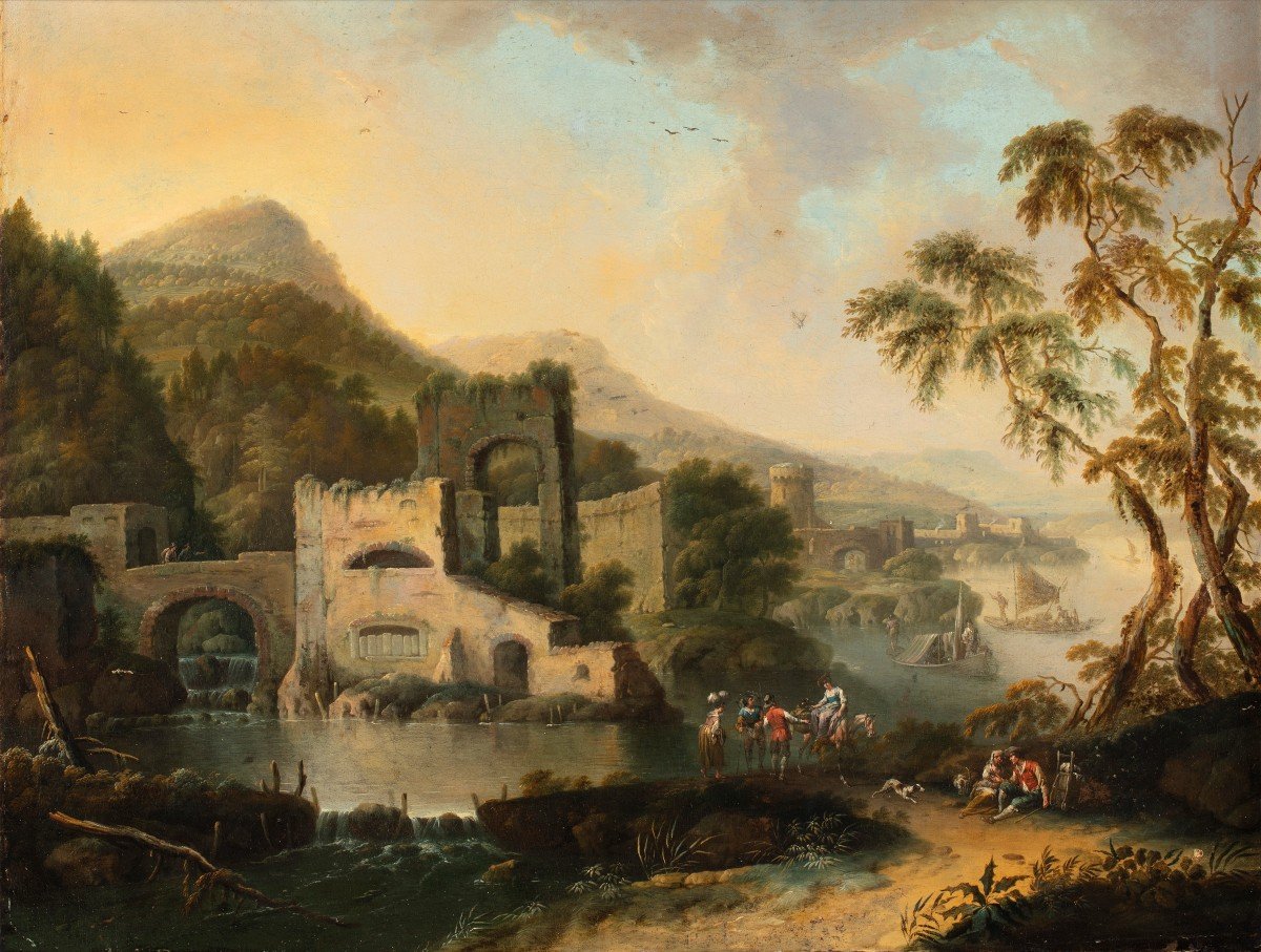 Michele Pagano  (Napoli, 1697 – post 1750)  Paesaggio marino con fiume,  edifici e viandanti