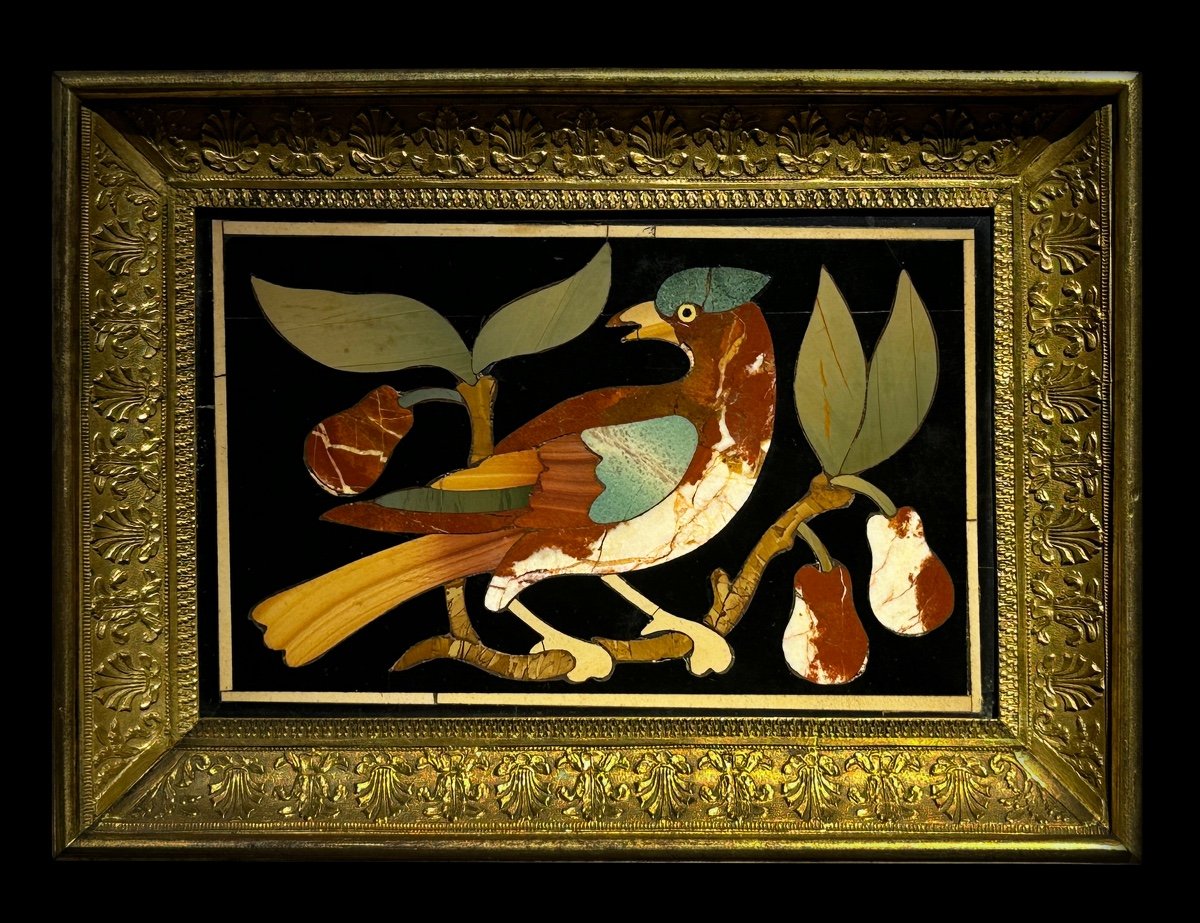 COPPIA PLACCHE FIORENTINE IN PIETRA DURA CON UCCELLI IN CORNICE IN BRONZO DORATO, XVIII secolo-photo-3