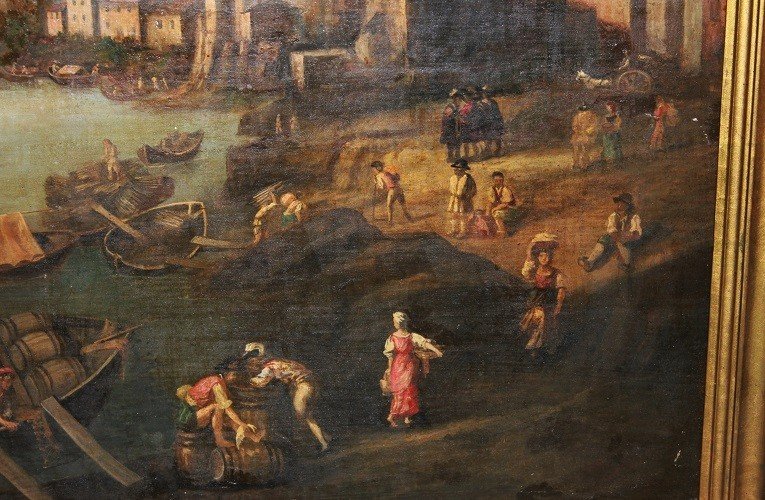 Grande olio su tela italiano del 1700 raffigurante Lavoranti al Porto-photo-4