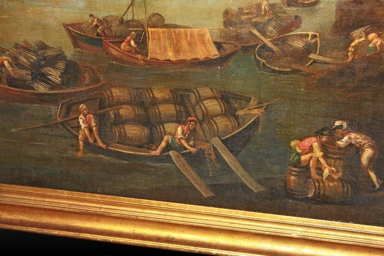 Grande olio su tela italiano del 1700 raffigurante Lavoranti al Porto-photo-1