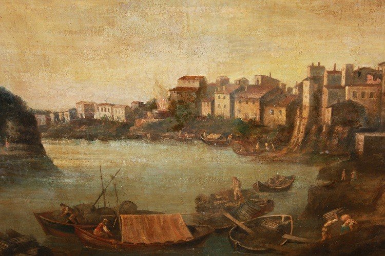 Grande olio su tela italiano del 1700 raffigurante Lavoranti al Porto-photo-2