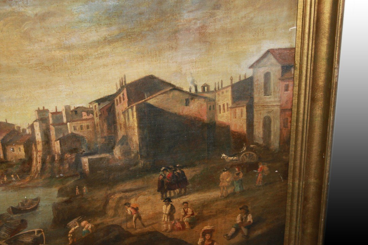 Grande olio su tela italiano del 1700 raffigurante Lavoranti al Porto-photo-3