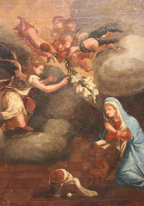 Olio su tela italiano di inizio 1700 raffigurante L'Annunciazione della Vergine Maria-photo-2