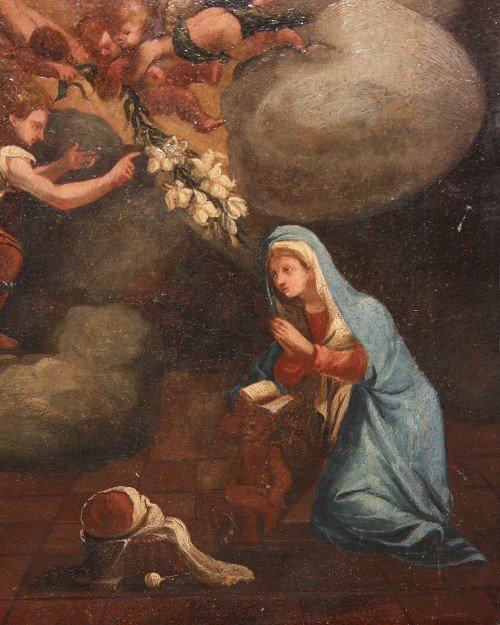 Olio su tela italiano di inizio 1700 raffigurante L'Annunciazione della Vergine Maria-photo-3