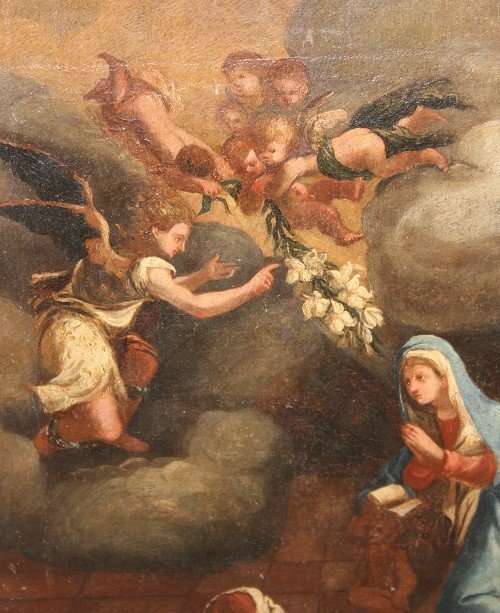 Olio su tela italiano di inizio 1700 raffigurante L'Annunciazione della Vergine Maria-photo-4