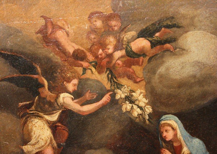 Olio su tela italiano di inizio 1700 raffigurante L'Annunciazione della Vergine Maria-photo-1