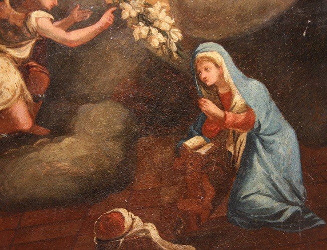 Olio su tela italiano di inizio 1700 raffigurante L'Annunciazione della Vergine Maria-photo-2