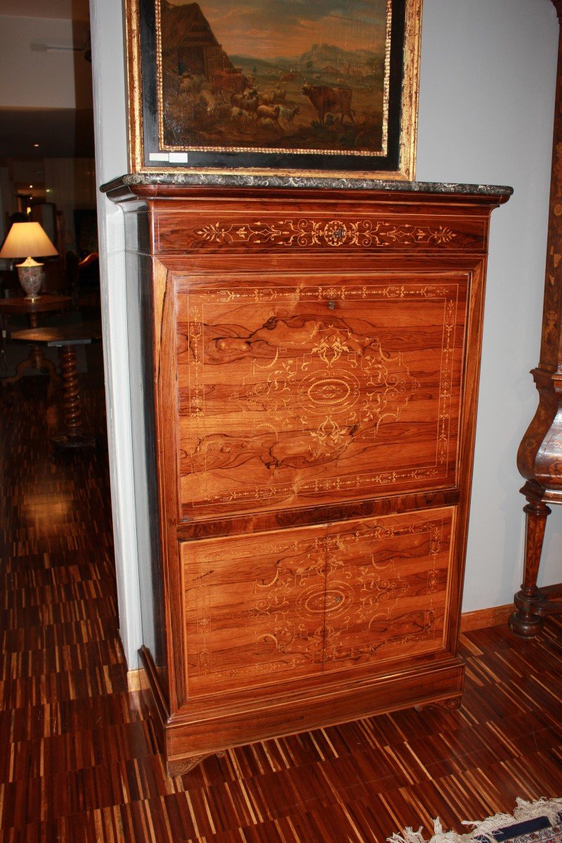 Secretaire francese di metà 1800, stile Carlo X, in legno di palissandro con ricchi motivi 