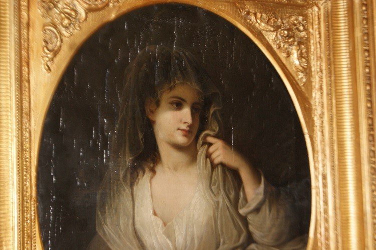 Splendido olio su tela francese di inizio 1800 raffigurante ritratto di Fanciulla con velo-photo-3