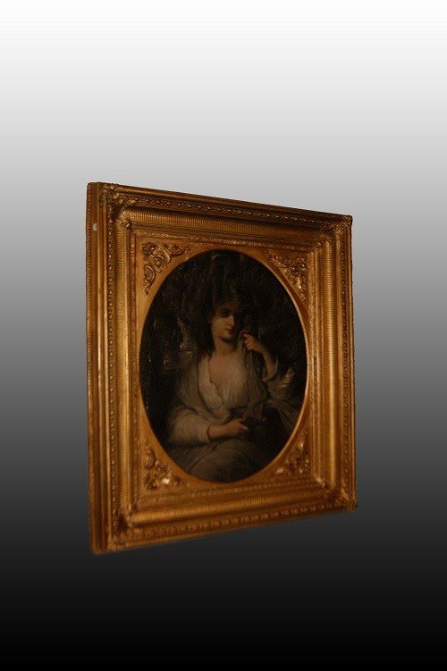 Splendido olio su tela francese di inizio 1800 raffigurante ritratto di Fanciulla con velo