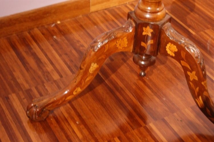 Tavolino olandese circolare a vela riccamente intarsiato-photo-3