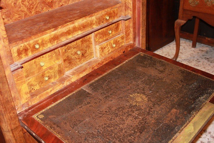 Secretaire Impero in mogano e radica di olmo XIX secolo con piano in marmo nero-photo-5