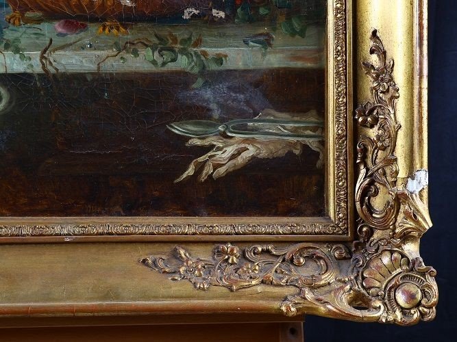 Olio su tela francese di metà 1800 raffigurante "natura morta" con importante cornice coeva -photo-3