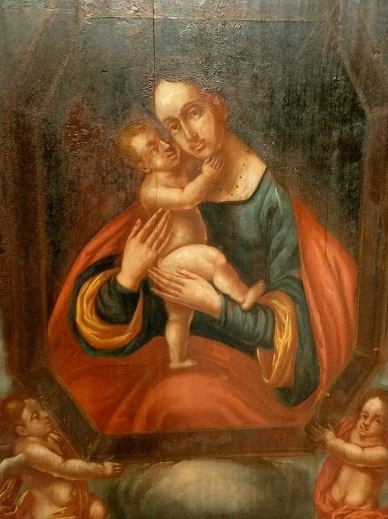 Olio su tavola Madonna con bambino e cherubini-photo-2
