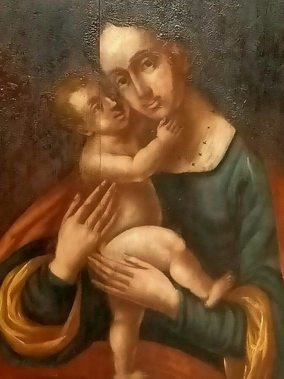 Olio su tavola Madonna con bambino e cherubini-photo-3