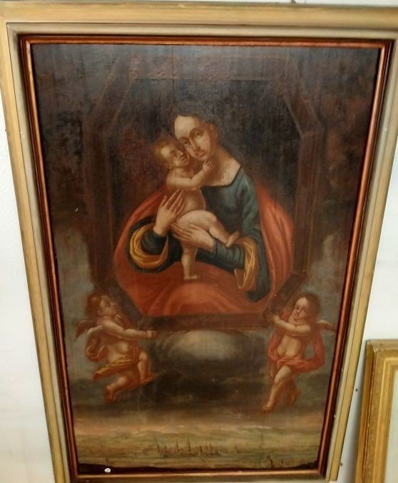 Olio su tavola Madonna con bambino e cherubini