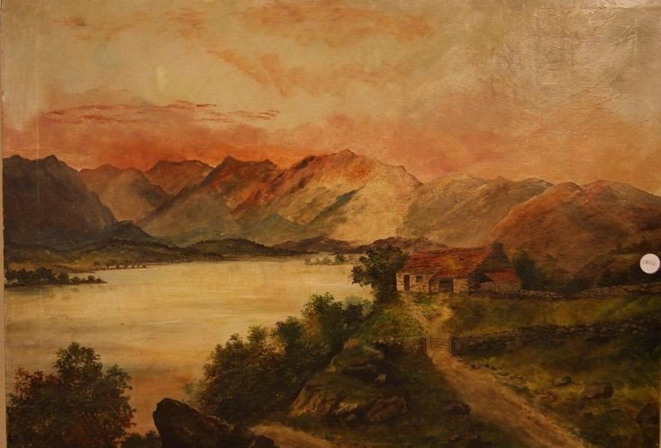 Olio su tela inglese di metà 1800 raffigurante paesaggio campestre al tramonto con abitazione -photo-2