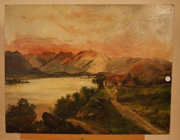 Olio su tela inglese di metà 1800 raffigurante paesaggio campestre al tramonto con abitazione 