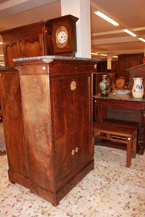 Secretaire francese di metà 1800, stile Impero, in legno di mogano e piuma di mogano-photo-2