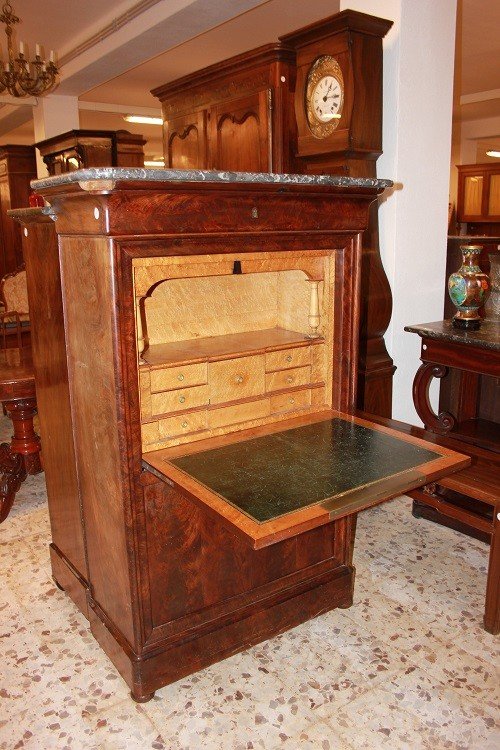 Secretaire francese di metà 1800, stile Impero, in legno di mogano e piuma di mogano-photo-4