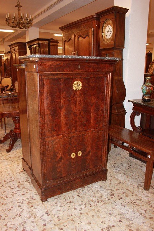 Secretaire francese di metà 1800, stile Impero, in legno di mogano e piuma di mogano