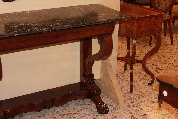 Consolle da parete francese di metà 1800, stile Impero, in legno di mogano e piuma di mogano-photo-4