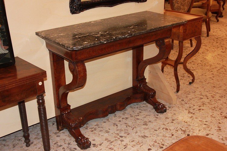 Consolle da parete francese di metà 1800, stile Impero, in legno di mogano e piuma di mogano-photo-1