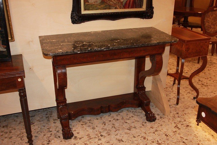 Consolle da parete francese di metà 1800, stile Impero, in legno di mogano e piuma di mogano