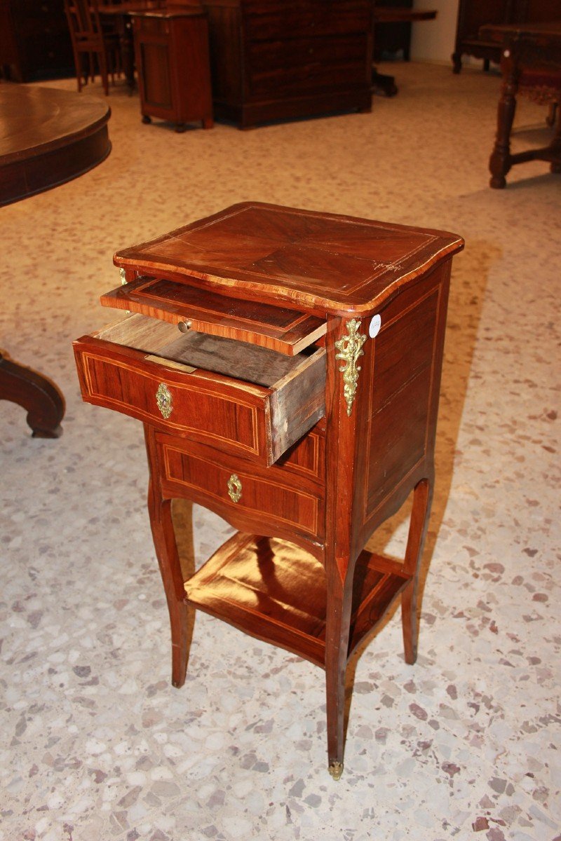 Tavolino Francese Luigi XV con cassetti e antina bronzi e pianetto scrittoio estraibile in legn-photo-4