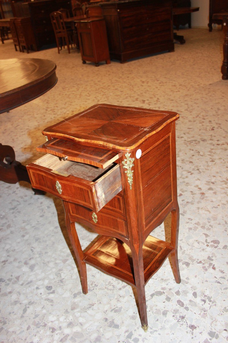 Tavolino Francese Luigi XV con cassetti e antina bronzi e pianetto scrittoio estraibile in legn-photo-6