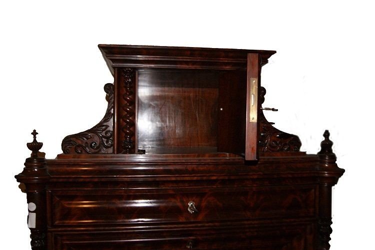 Secretaire Nord Europa di metà 1800, stile Biedermeier, in legno di mogano e piuma di mogano-photo-3