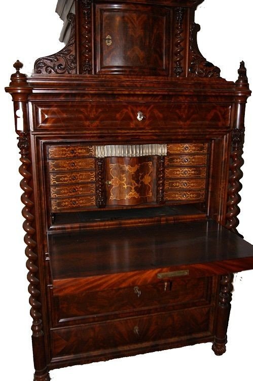 Secretaire Nord Europa di metà 1800, stile Biedermeier, in legno di mogano e piuma di mogano-photo-4