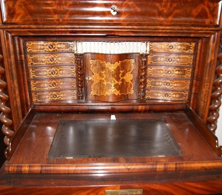 Secretaire Nord Europa di metà 1800, stile Biedermeier, in legno di mogano e piuma di mogano-photo-1