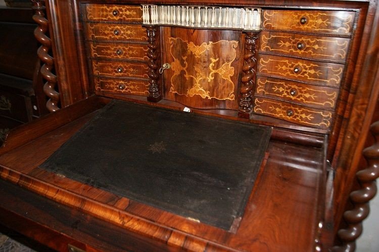 Secretaire Nord Europa di metà 1800, stile Biedermeier, in legno di mogano e piuma di mogano-photo-2