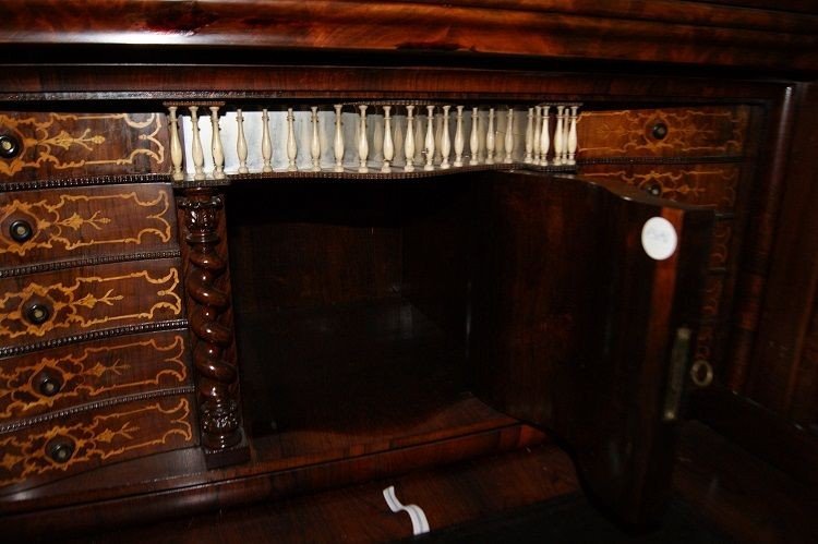 Secretaire Nord Europa di metà 1800, stile Biedermeier, in legno di mogano e piuma di mogano-photo-3