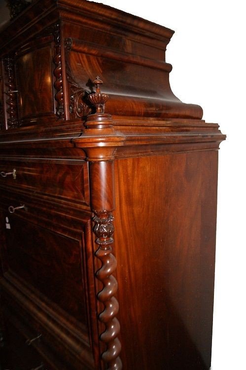 Secretaire Nord Europa di metà 1800, stile Biedermeier, in legno di mogano e piuma di mogano-photo-4