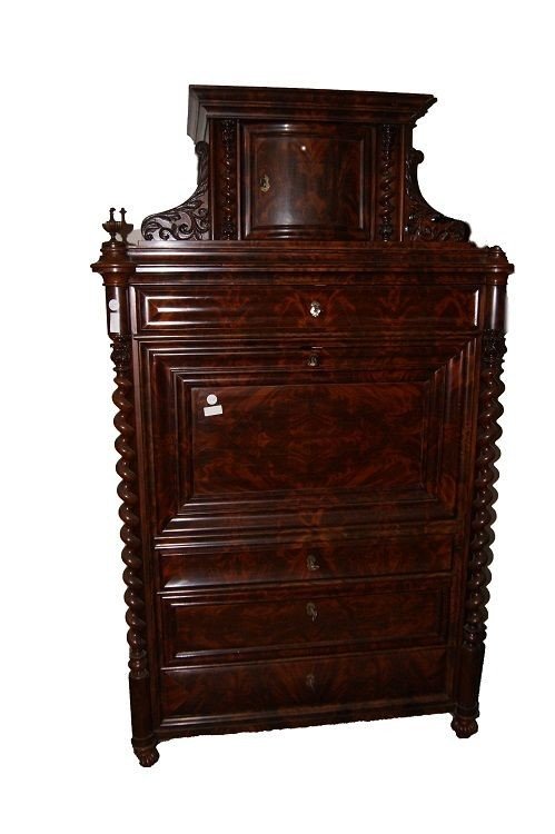 Secretaire Nord Europa di metà 1800, stile Biedermeier, in legno di mogano e piuma di mogano