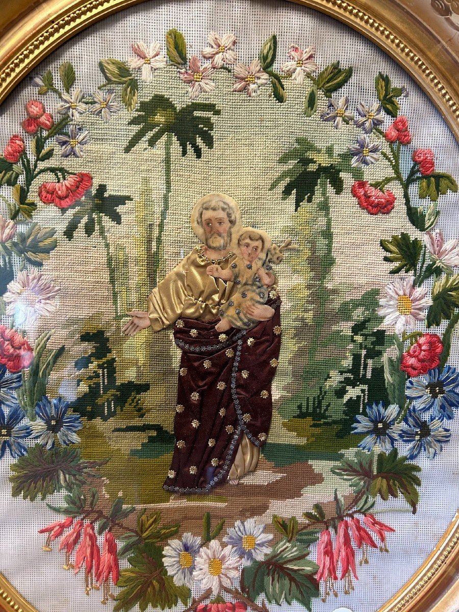 Quadro raffigurante San Giuseppe ricamato a piccolo punto del 1800-photo-2