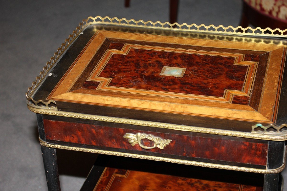 Tavolino Etagere Francese stile Napoleone III in vari legni policromi XIX secolo-photo-2