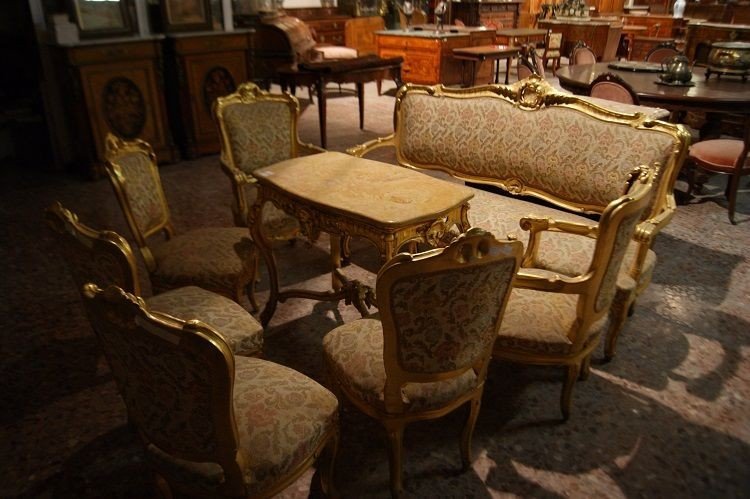 Salotto francese di metà 1800 stile Luigi XV, in legno foglia oro-photo-2