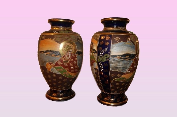 Coppia di vasi Satsuma del 1800 riccamente decorati-photo-2